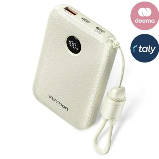 Vention power bank 10000mah (usb-c + usb-c/usb-c/usb-a) with built-in usb-c to usb-c cable 22.5w - beige